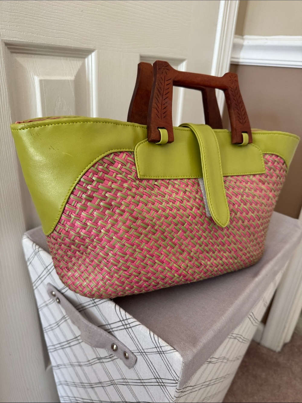 Lime Green and Pink Woven Tote Bag - Picture 4 of 4